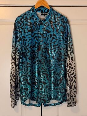 Tiger King Cosplay Sequin Animal Print Snap Button Down Long Sleeve Shirt Blue